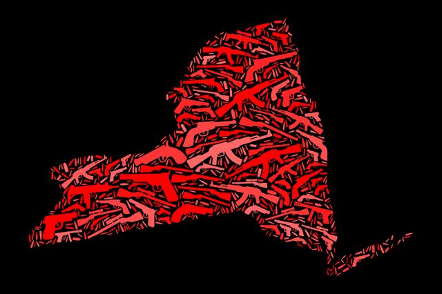 An illustration depicting the state of new york made up of guns